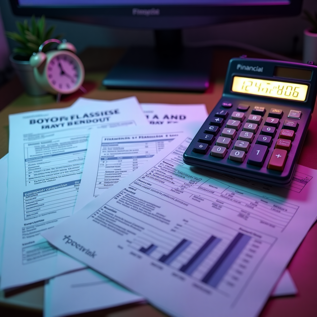 Financial planning documents with vintage calculator
