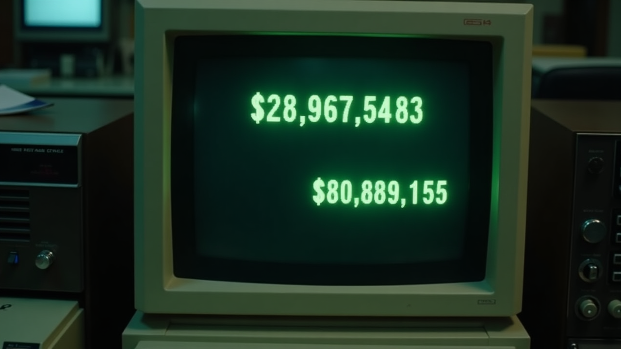 Vintage computer terminal displaying financial data
